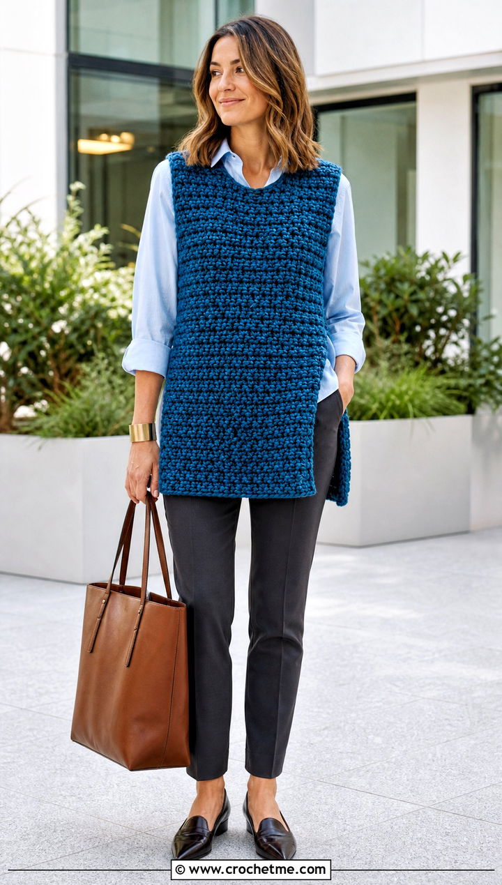 Tunic Chunky Crochet Vest With Slim Pants - 20 Chunky Yarn Crochet Vest outfit ideas