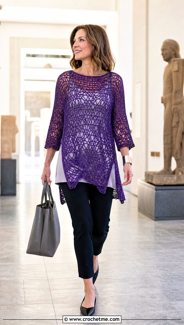 Tunic Cobweb Top With Slim Ankle Pants - 25 Crochet Cobweb Top outfit ideas