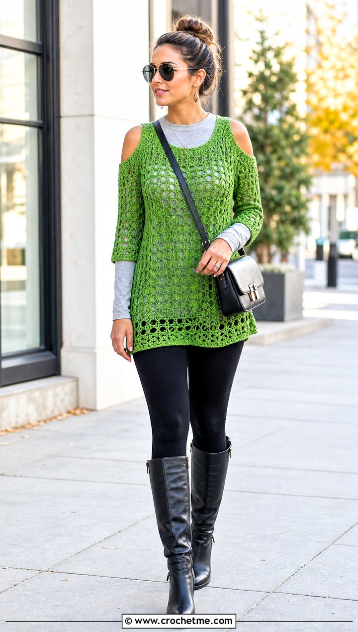 Tunic Cold Shoulder Crochet Top With Leggings And Tall Boots - 25 Cold Shoulder Crochet Top outfit ideas