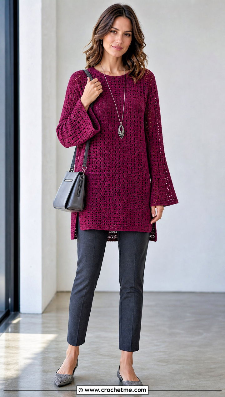 Tunic Crochet Bell Sleeve Sweater With Slim Pants - 25 crochet bell sleeve sweater outfit ideas