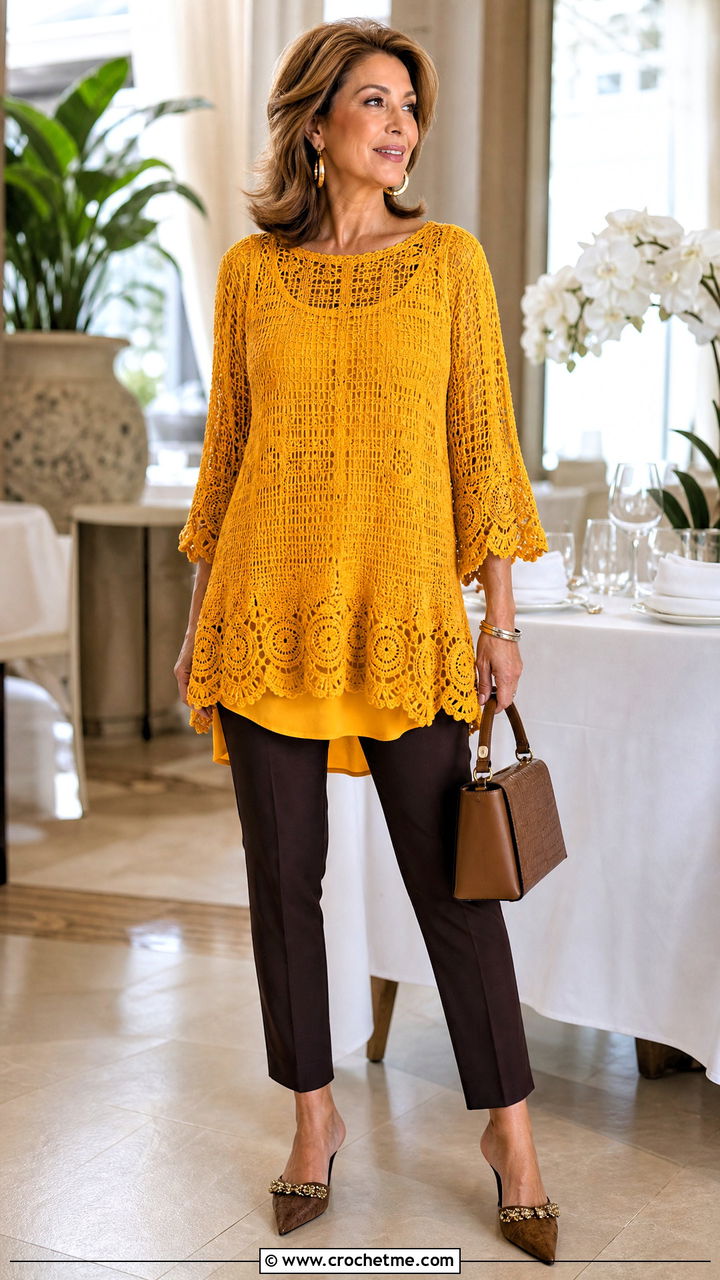 Tunic Crochet Blouse With Slim Trousers - 35 crochet blouse for women outfit ideas