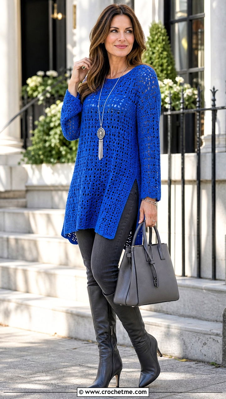 Tunic Crochet Boho Sweater With Slim Pants - 30 crochet boho sweater outfit ideas
