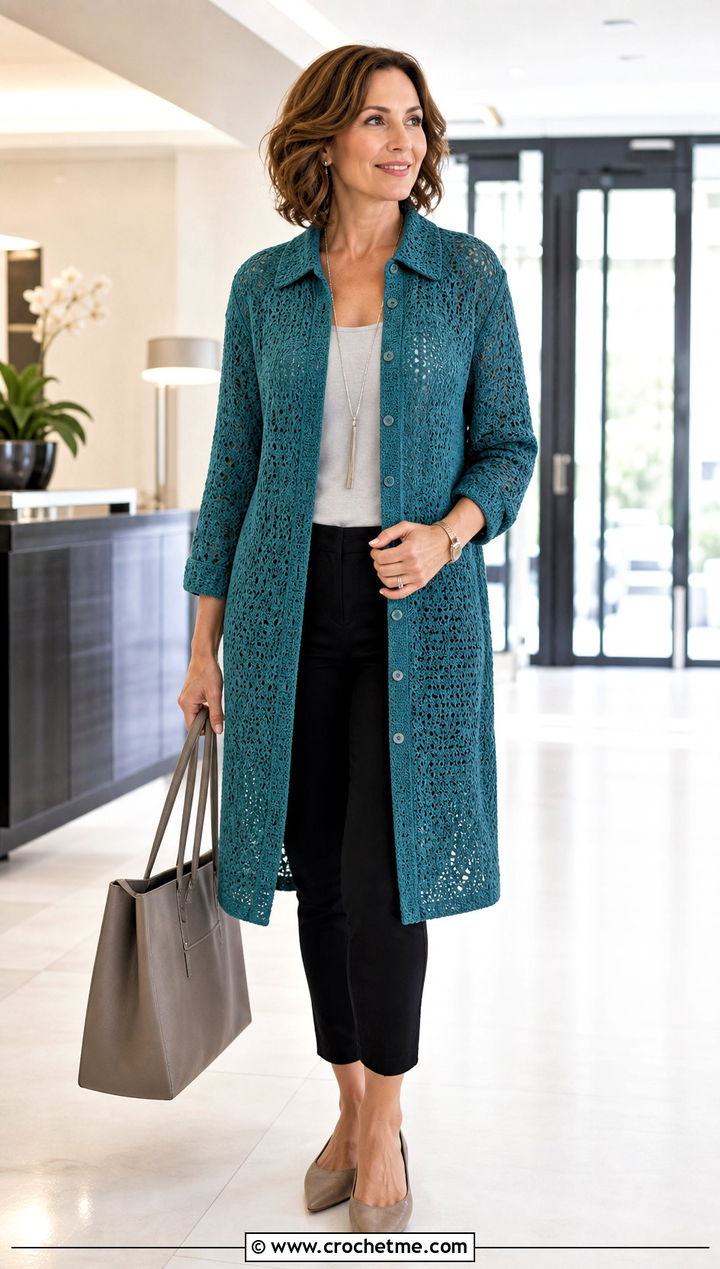 Tunic Crochet Button Down Shirt With Slim Pants - 30 crochet button down shirt outfit ideas