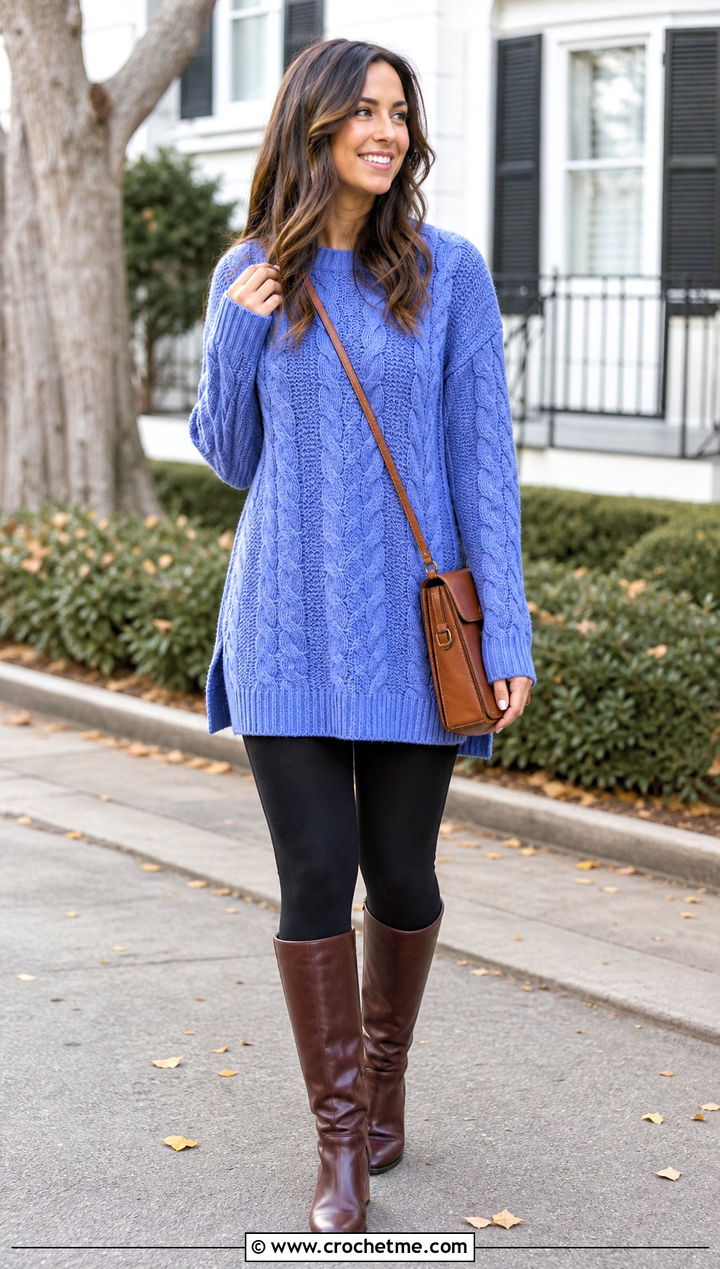 Tunic Crochet Cable Sweater With Leggings And Riding Boots - 25 Cable Knit Crochet Sweater outfit ideas
