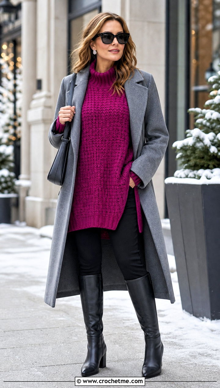 Tunic Crochet Cashmere Sweater With Knee High Boots - 30 crochet cashmere sweater outfit ideas