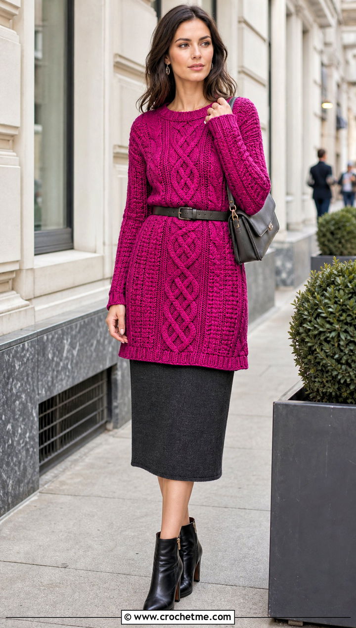 Tunic Crochet Celtic Sweater With Belted Midi Skirt - 15 Crochet Celtic Sweater outfit ideas