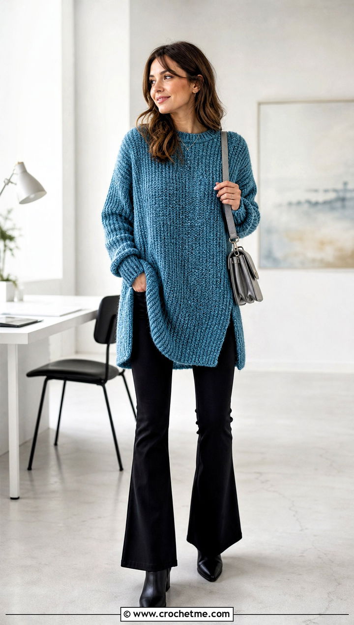 Tunic Crochet Chenille Sweater With Flared Pants - 25 crochet chenille sweater outfit ideas