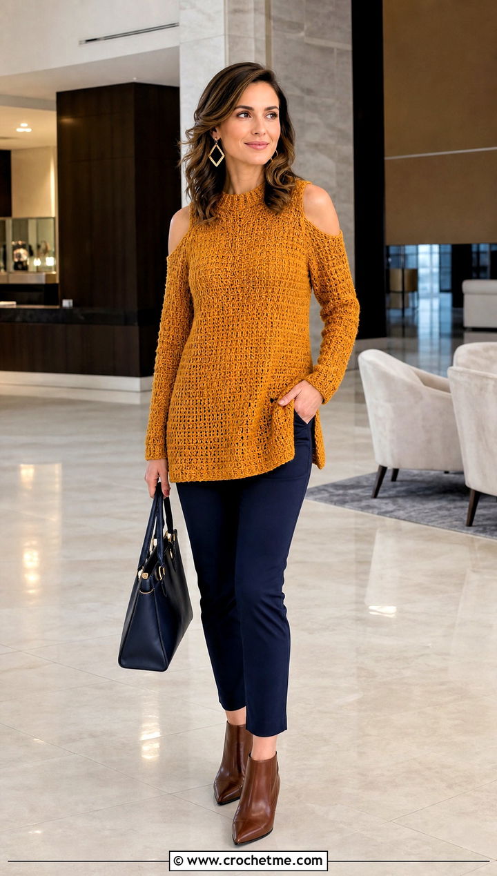Tunic Crochet Cold Shoulder Sweater With Slim Pants - 25 Crochet Cold Shoulder Sweater outfit ideas