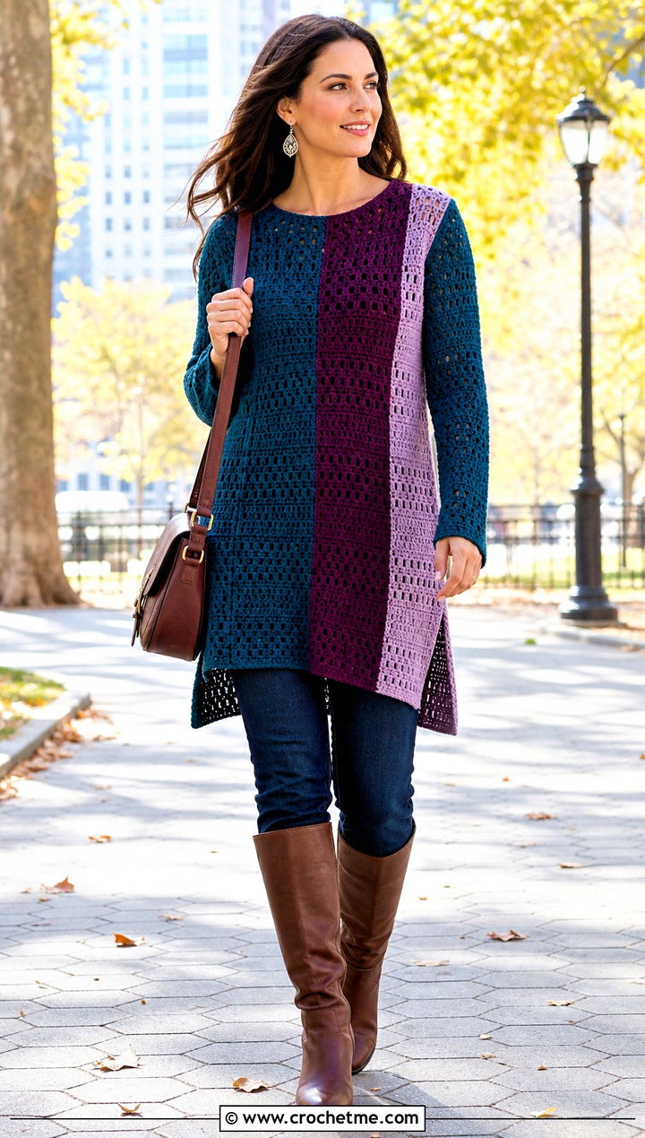 Tunic Crochet Colorblock Sweater With Slim Jeans - 30 crochet colorblock sweater outfit ideas