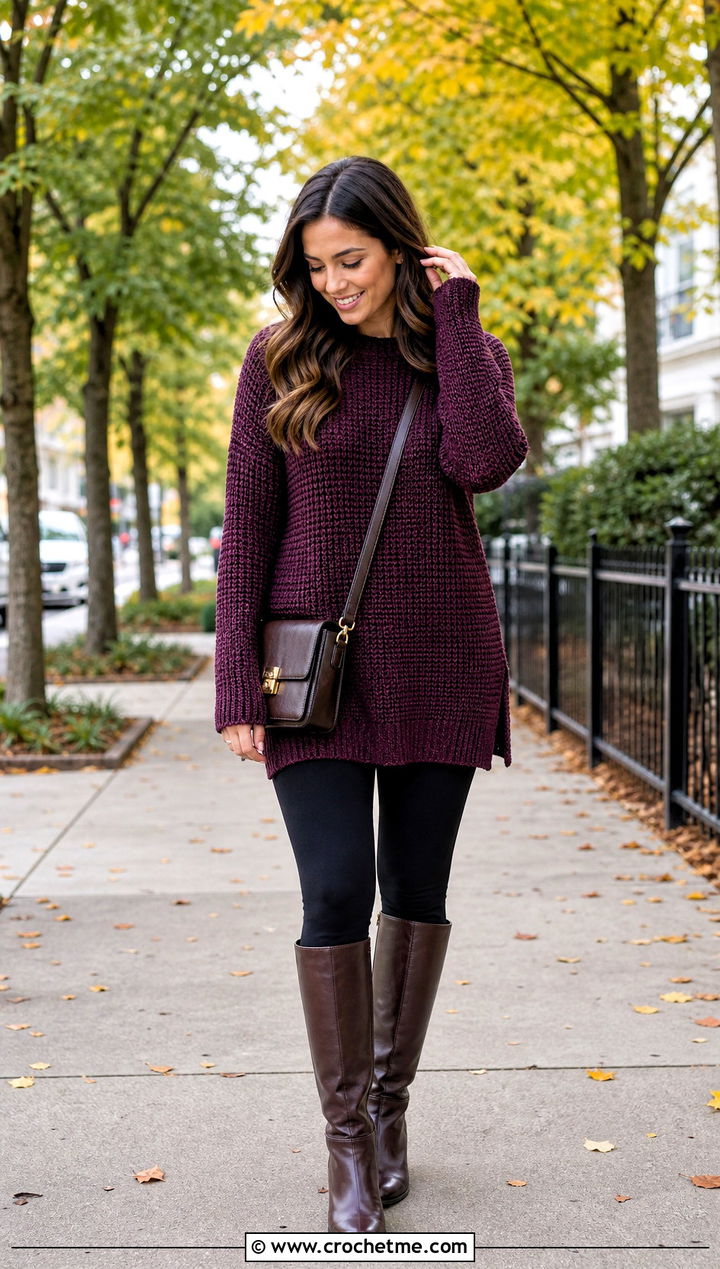 Tunic Crochet Drop Shoulder Sweater With Leggings And Knee Boots - 30 crochet drop shoulder sweater outfit ideas