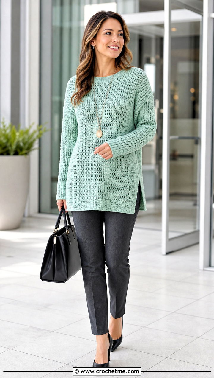 Tunic Crochet Fisherman Sweater With Slim Trousers - 25 crochet fisherman sweater outfit ideas