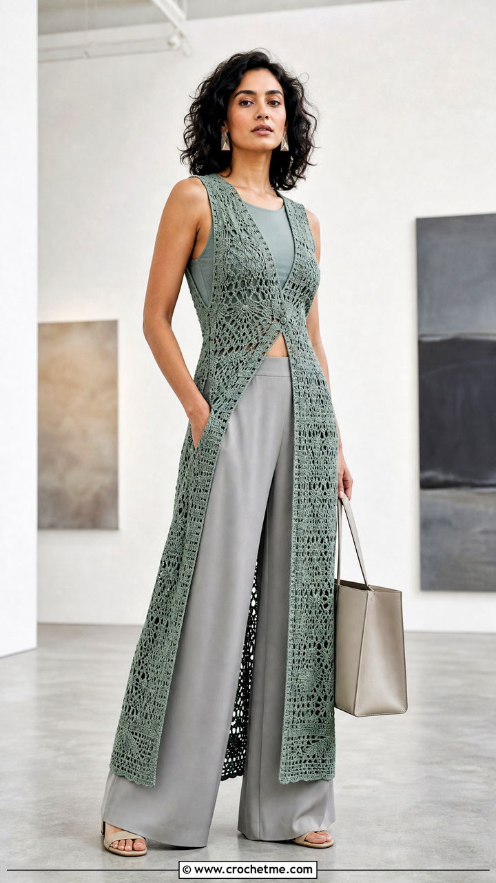 Tunic Crochet Gown With Wide Leg Trousers - 35 crochet gown outfit ideas