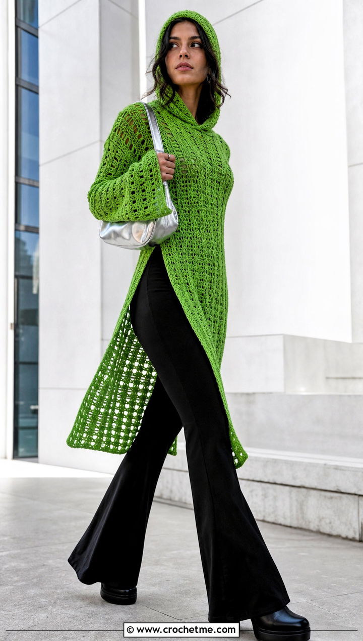 Tunic Crochet Hooded Sweater With Flared Pants - 30 crochet hooded sweater outfit ideas