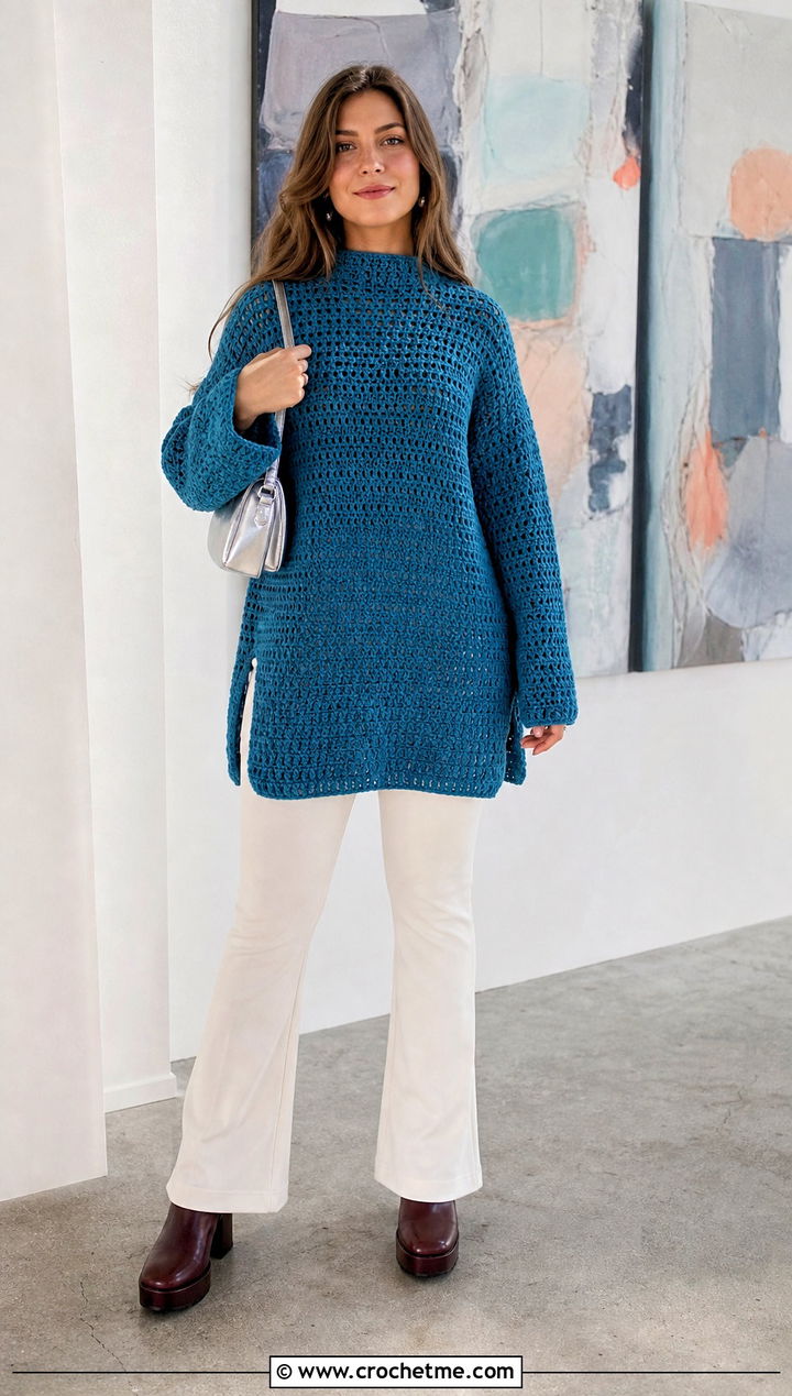Tunic Crochet Jumper With Flared Pants - 20 Beginner Crochet Jumper outfit ideas