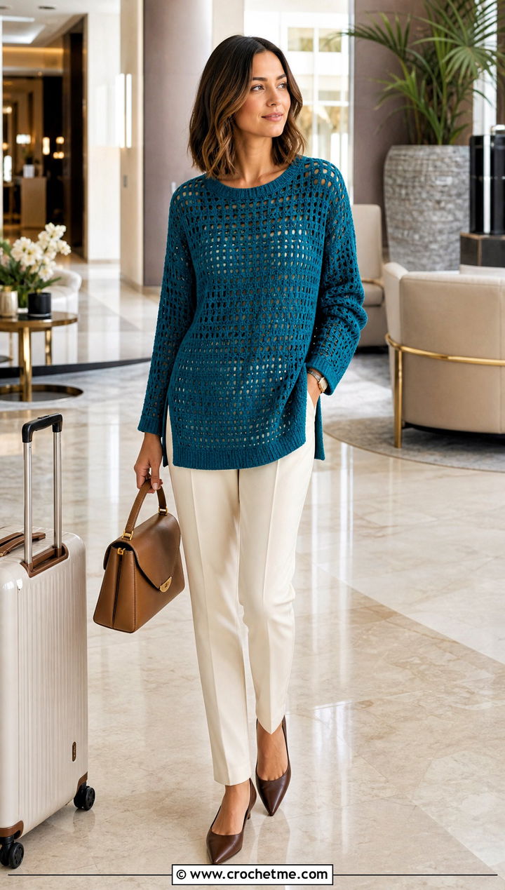 Tunic Crochet Jumper With Slim Trousers - 25 Cute Crochet Jumper outfit ideas