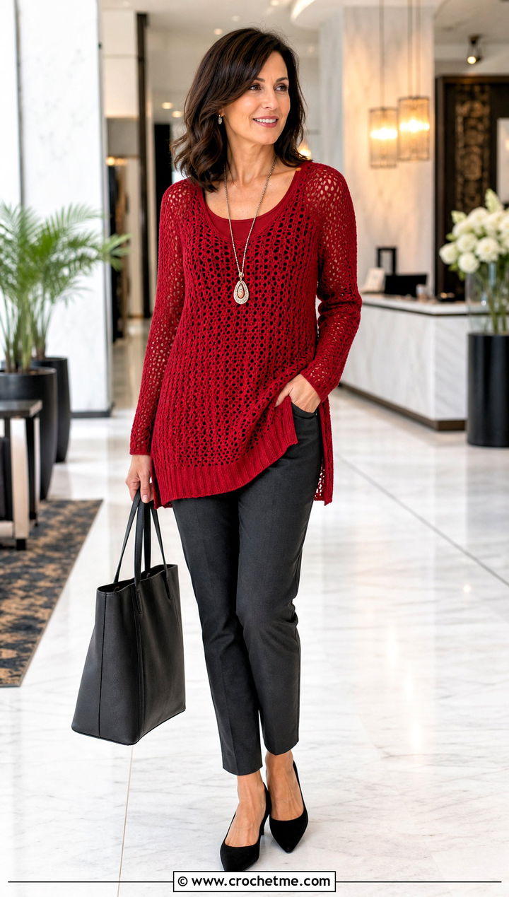 Tunic Crochet Knit Sweater With Slim Pants - 35 Crochet Knit Sweater outfit ideas