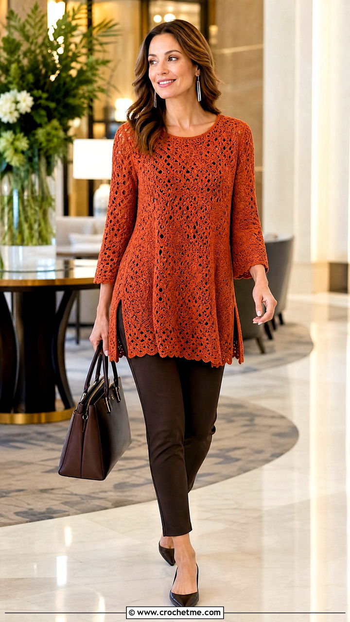 Tunic Crochet Lace Blouse With Slim Pants - 35 crochet lace blouse outfit ideas