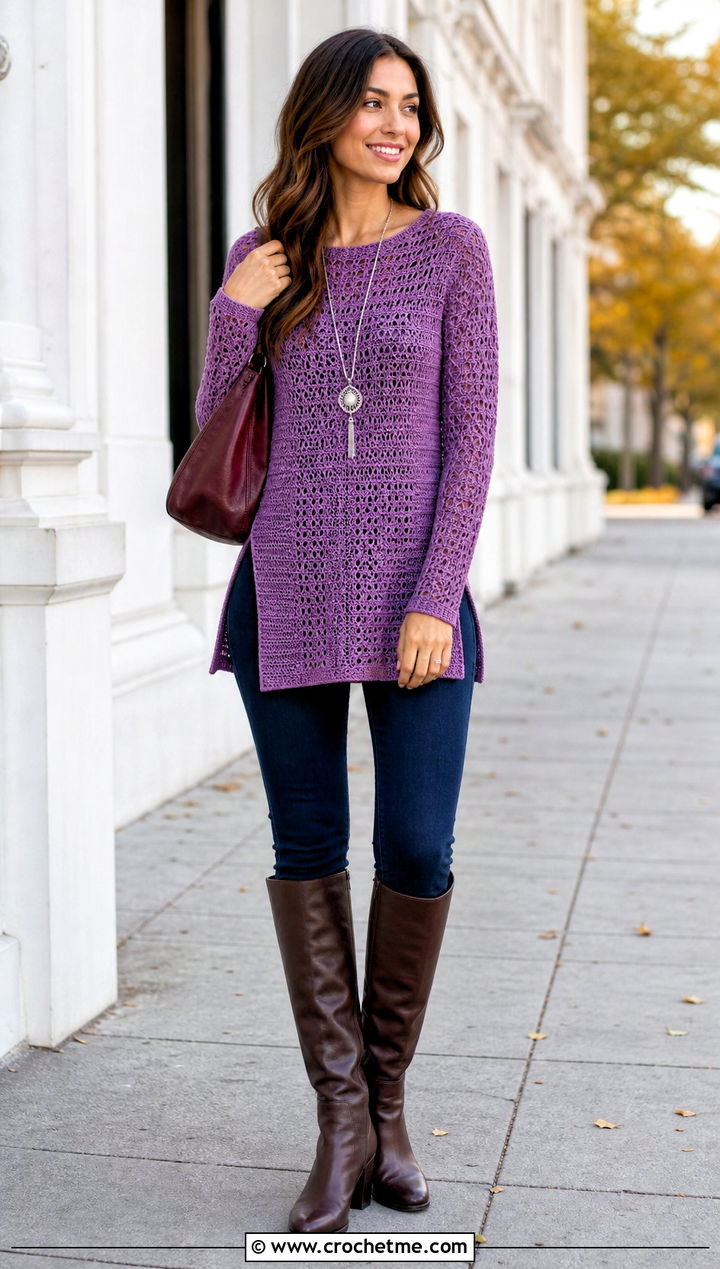 Tunic Crochet Long Sleeve Top With Slim Jeans - 35 crochet long sleeve tops outfit ideas