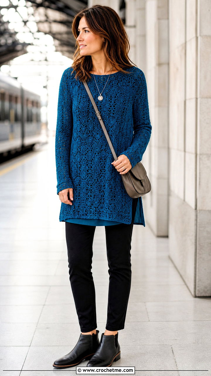 Tunic Crochet Long Sleeve Top With Slim Pants - 35 crochet long sleeve top outfit ideas