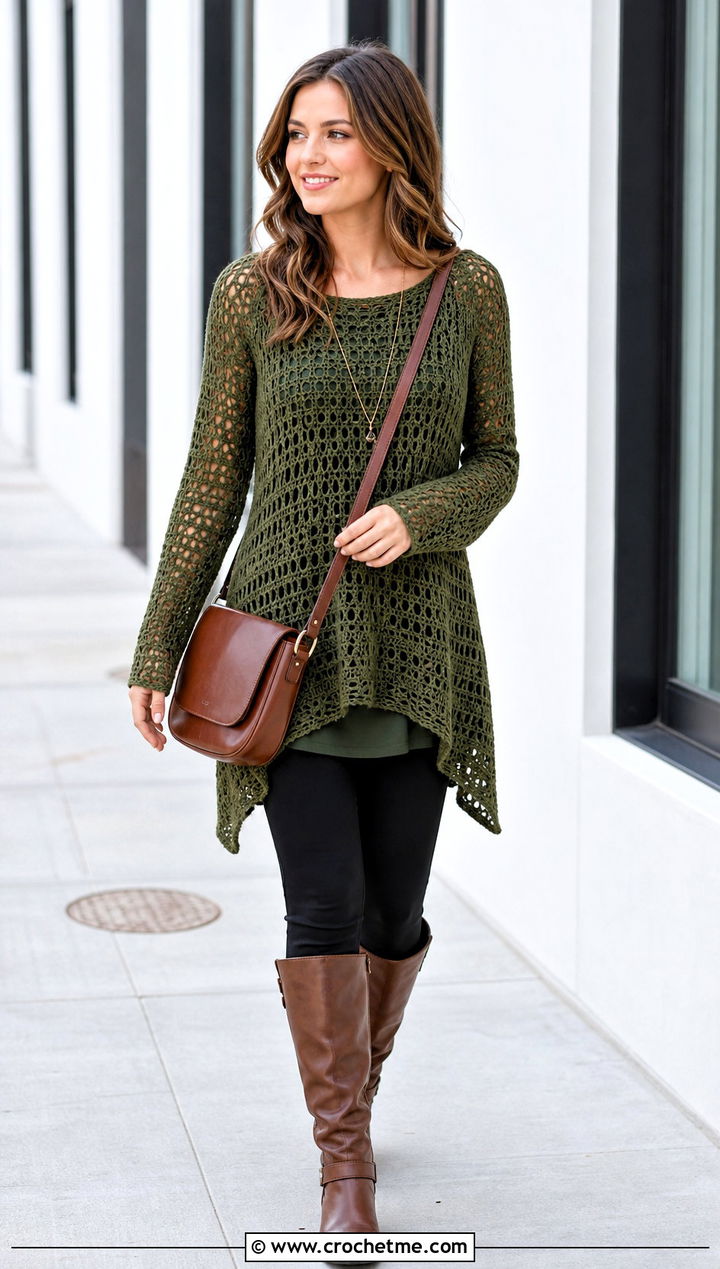 Tunic Crochet Long Sleeved Top With Leggings - 25 Crochet Long Sleeved Top outfit ideas