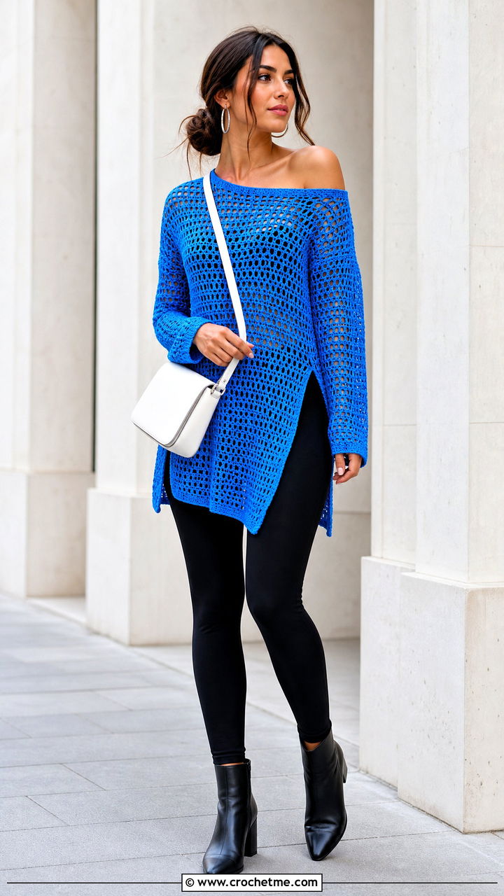 Tunic Crochet Off Shoulder Top With Leggings - 35 Crochet Off Shoulder Top outfit ideas