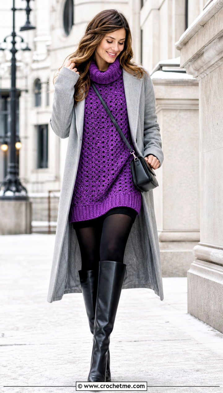 Tunic Crochet Oversize Sweater With Knee High Boots - 20 Crochet Oversize Sweater outfit ideas