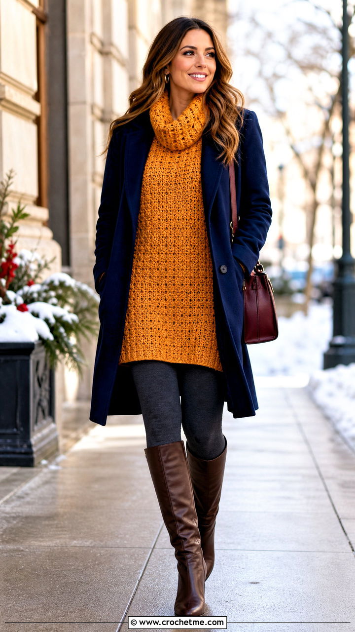 Tunic Crochet Oversized Sweater With Knee High Boots - 35 crochet oversized sweater outfit ideas