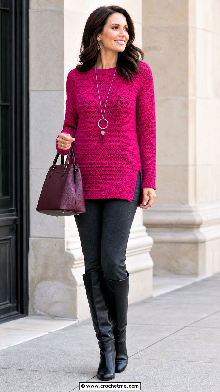 Tunic Crochet Pullover With Slim Pants - 35 crochet pullover outfit ideas