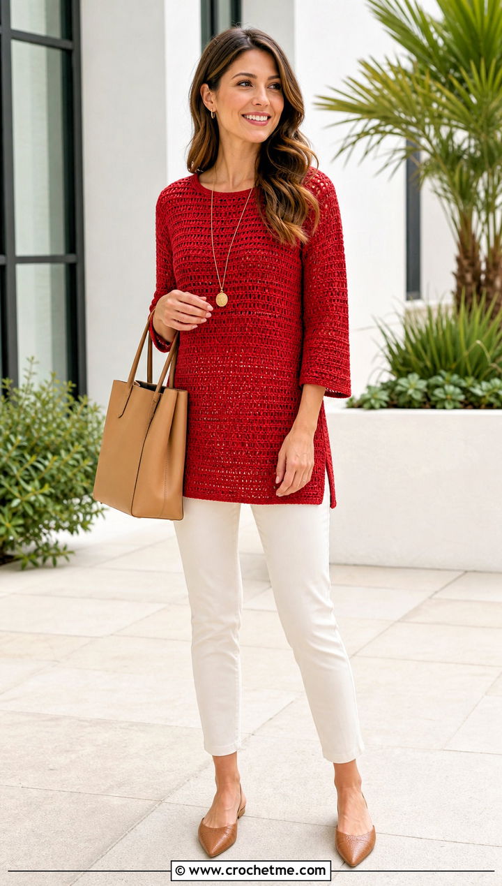Tunic Crochet Pullover With Slim Pants - 25 women crochet pullover outfit ideas