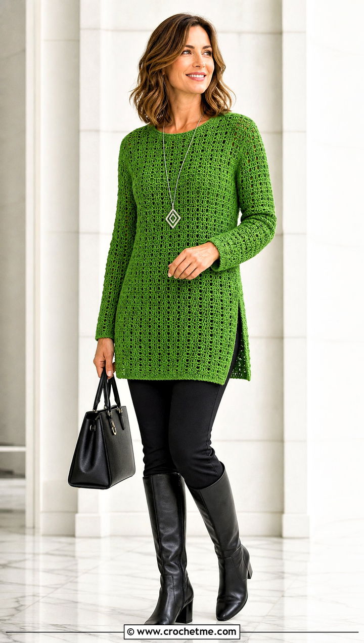 Tunic Crochet Pullover With Slim Pants - 30 Easy Crochet Pullover outfit ideas