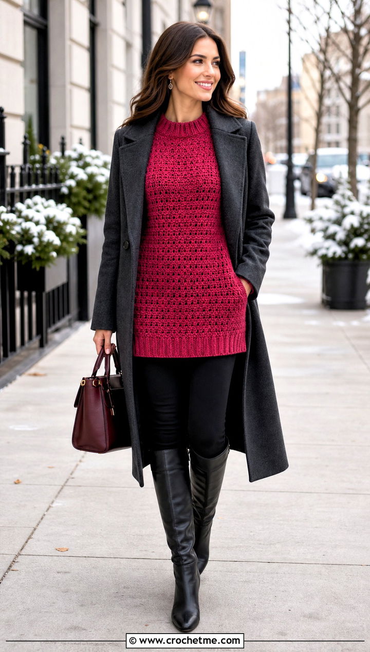 Tunic Crochet Raglan Sweater With Tall Boots - 35 crochet raglan sweater outfit ideas