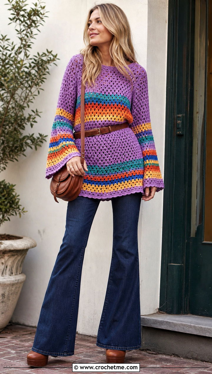 Tunic Crochet Rainbow Sweater With Flared Jeans - 20 Crochet Rainbow Sweater outfit ideas