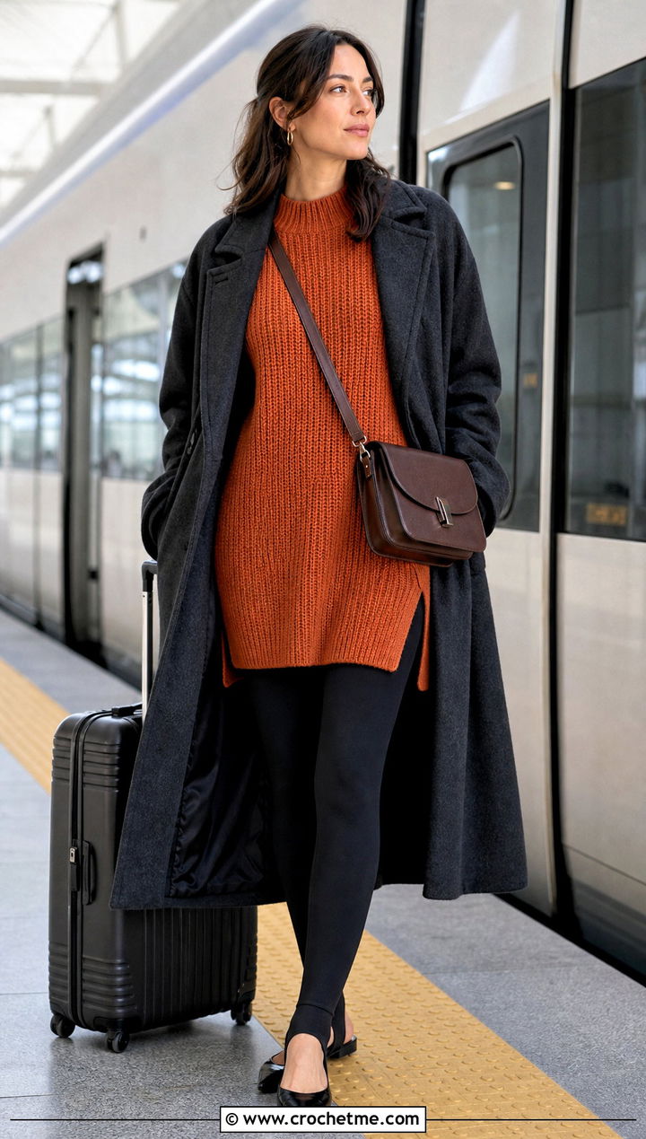 Tunic Crochet Ribbed Sweater With Stirrup Leggings - 35 crochet ribbed sweater outfit ideas