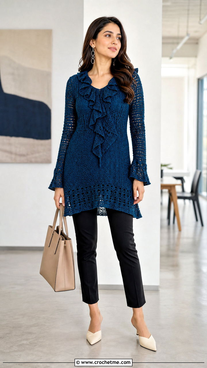 Tunic Crochet Ruffle Top With Slim Pants - 35 crochet ruffle top outfit ideas