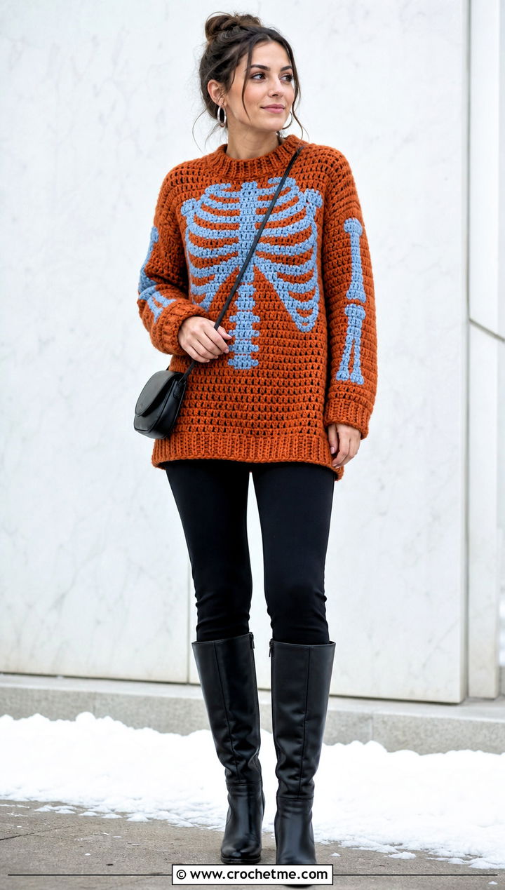 Tunic Crochet Skeleton Sweater With Leggings - 30 Crochet Skeleton Sweater outfit ideas