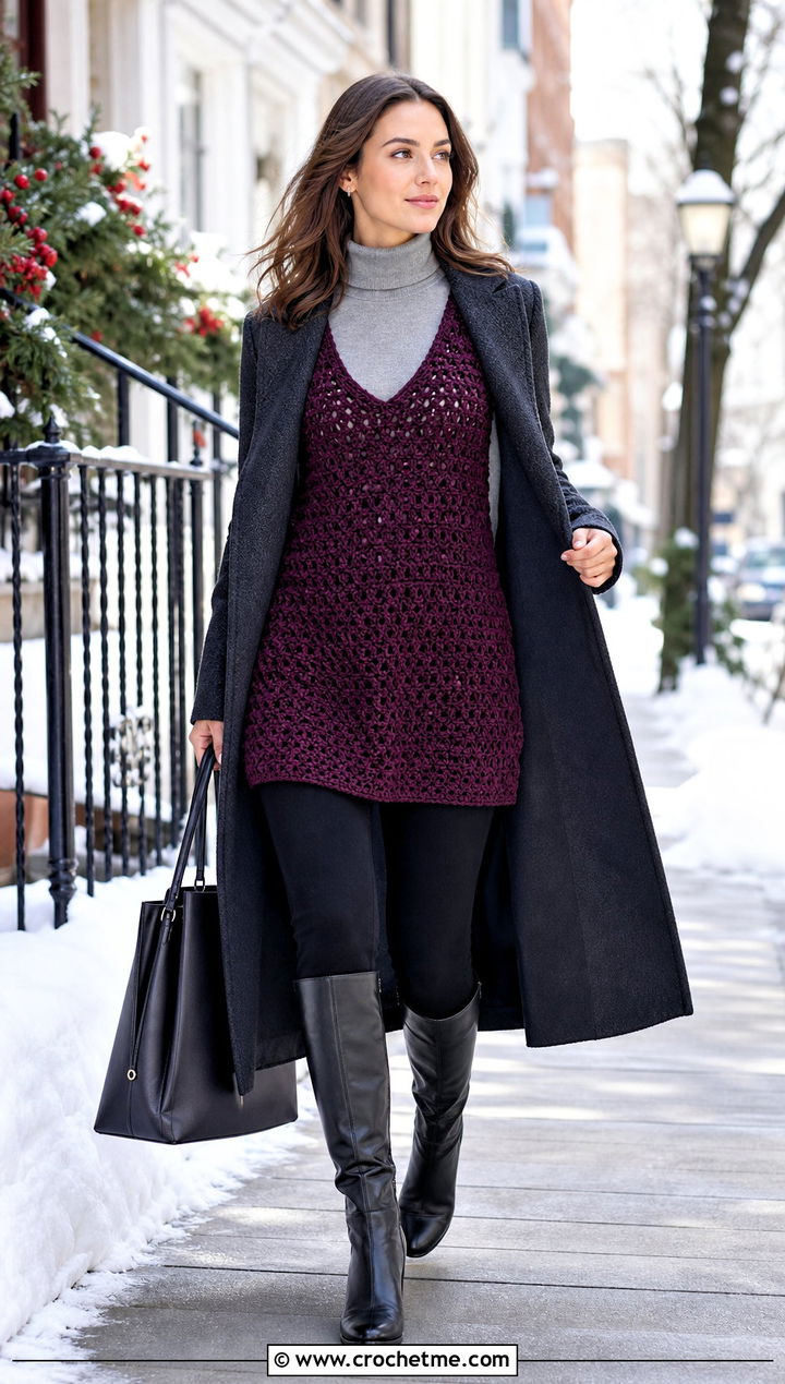 Tunic Crochet Slipover Vest With Leggings And Tall Boots - 15 crochet slip over vest outfit ideas