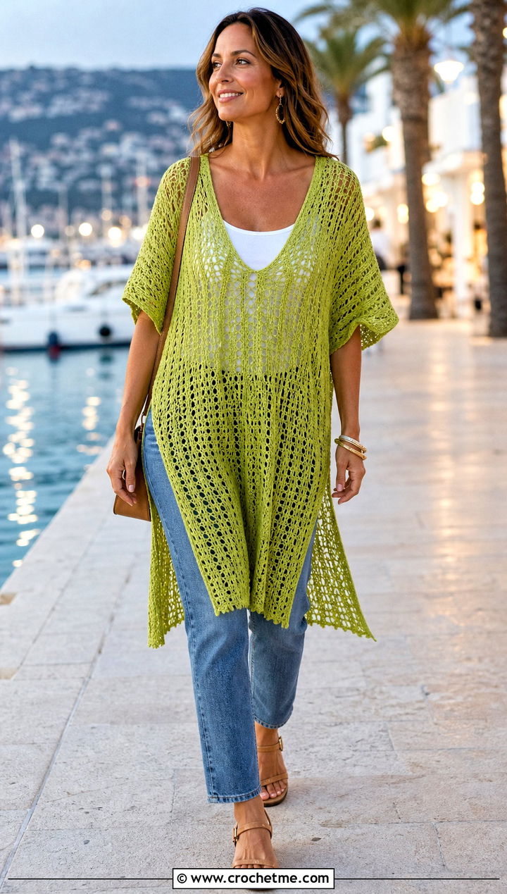 Tunic Crochet Summer Poncho With Straight Leg Jeans - 35 crochet summer poncho outfit ideas
