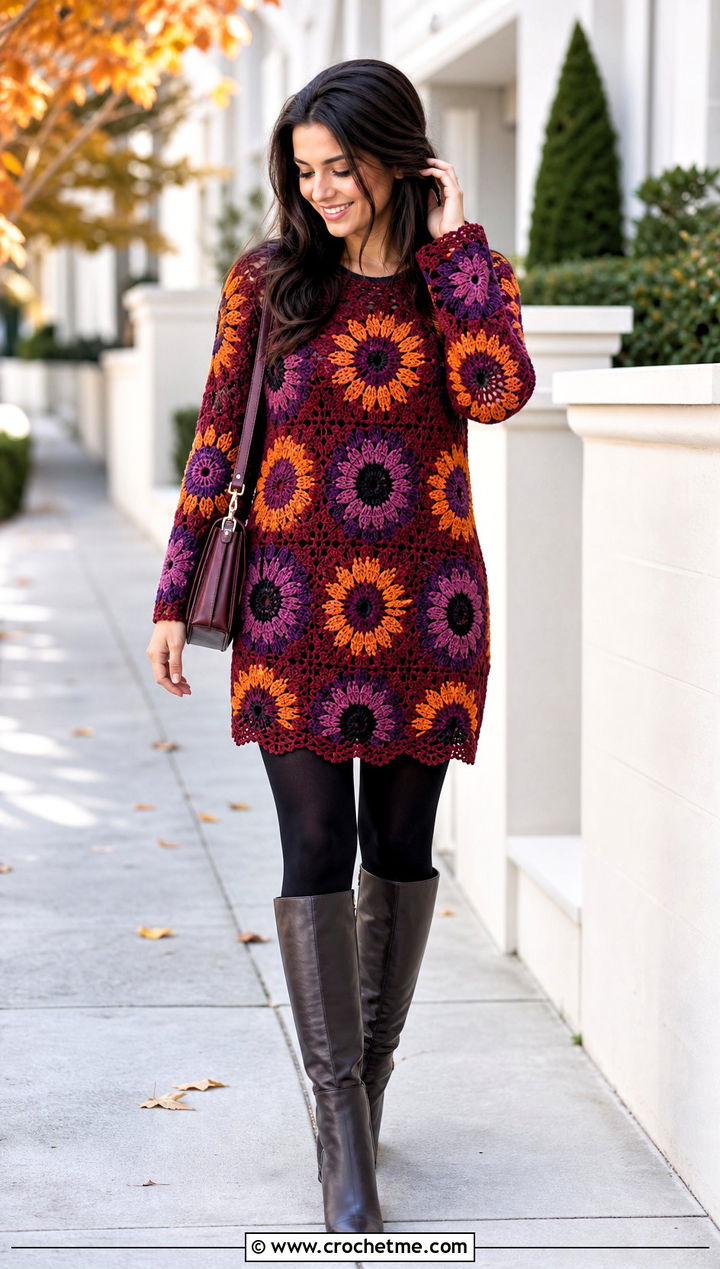 Tunic Crochet Sunflower Sweater With Knee High Boots - 35 crochet sunflower sweater outfit ideas