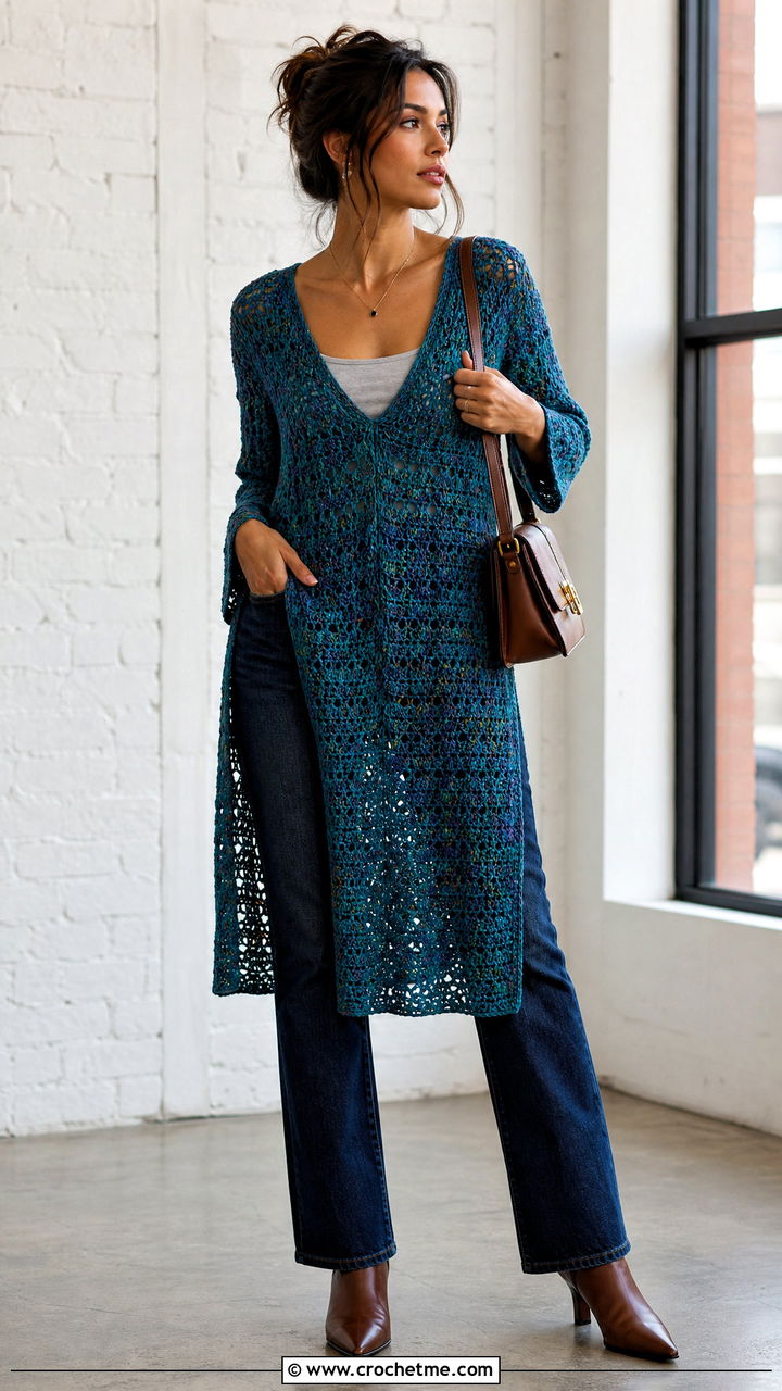 Tunic Crochet Sweater Dress With Straight Leg Jeans - 35 crochet sweater dress outfit ideas