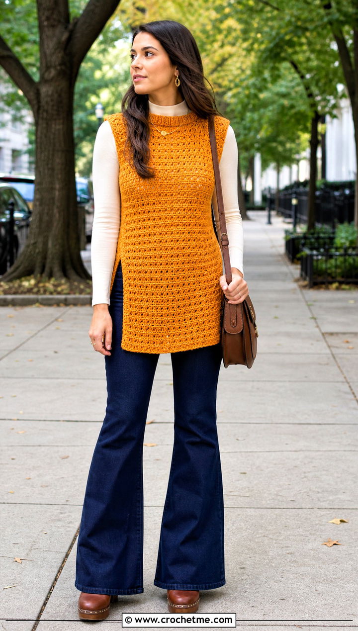 Tunic Crochet Sweater Vest With Flared Jeans - 25 diy crochet sweater vest outfit ideas