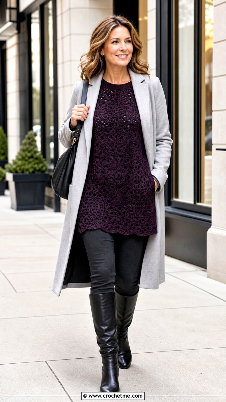 Tunic Crochet Sweater With Knee High Boots - 35 crochet sweaters women outfit ideas