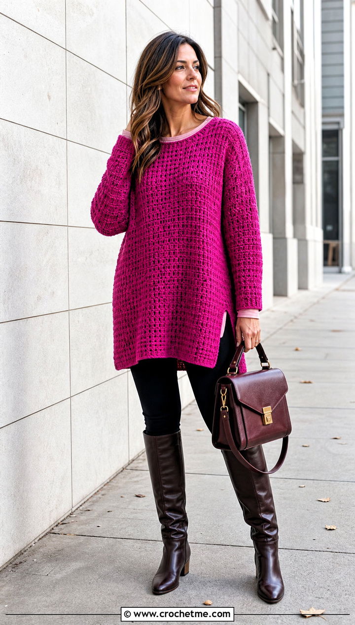 Tunic Crochet Sweater With Knee High Boots - 15 Sweaters To Crochet For Women outfit ideas