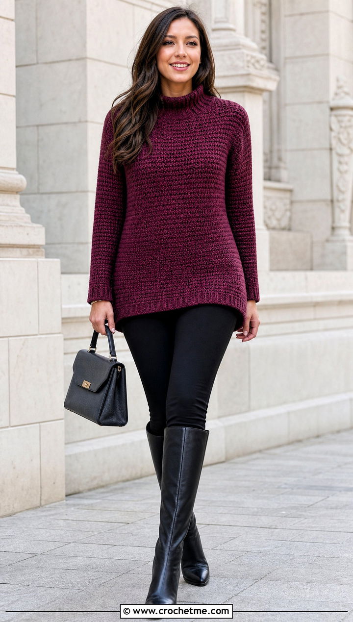 Tunic Crochet Sweater With Knee High Boots - 30 cozy crochet sweater outfit ideas