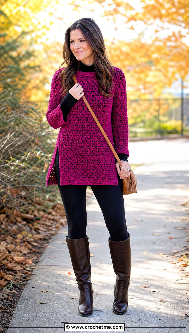 Tunic Crochet Sweater With Leggings and Riding Boots - 15 Bohemian Style Crochet Sweater outfit ideas