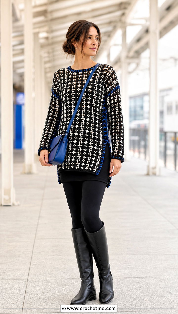 Tunic Crochet Sweater With Leggings - 35 black and white crochet sweater outfit ideas
