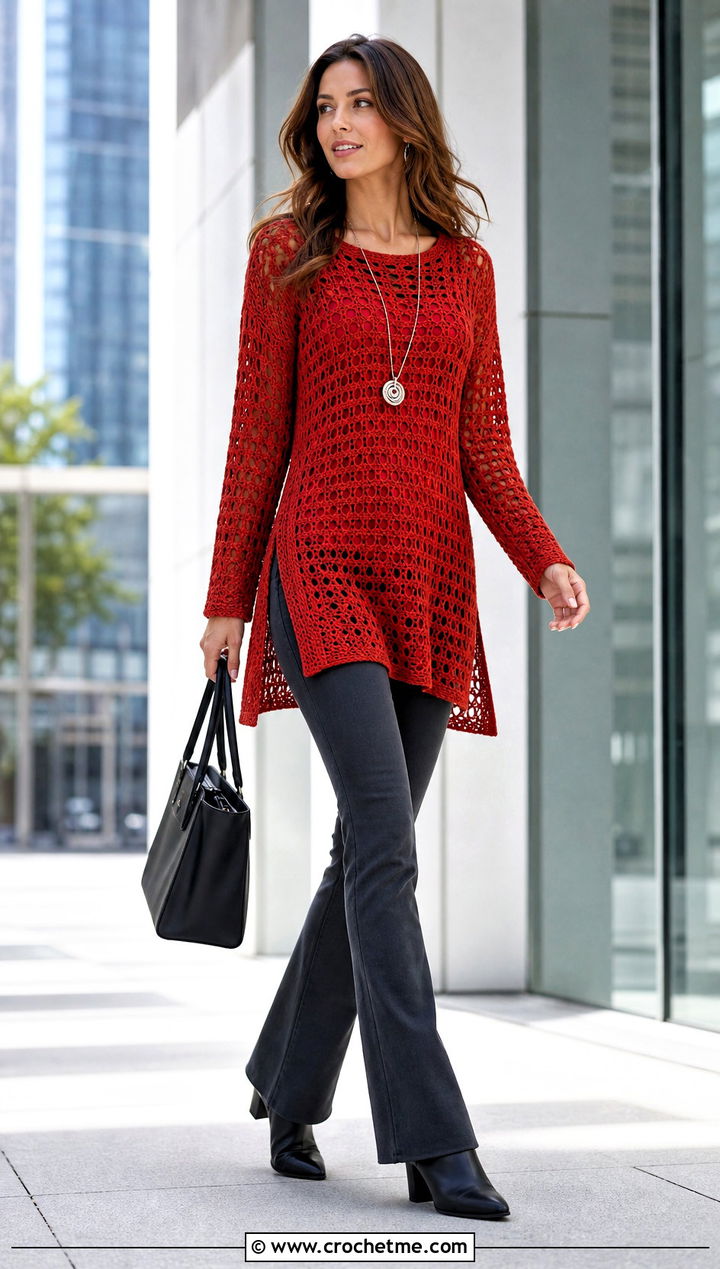 Tunic Crochet Sweater With Slim Flare Pants - 30 unique crochet sweater outfit ideas