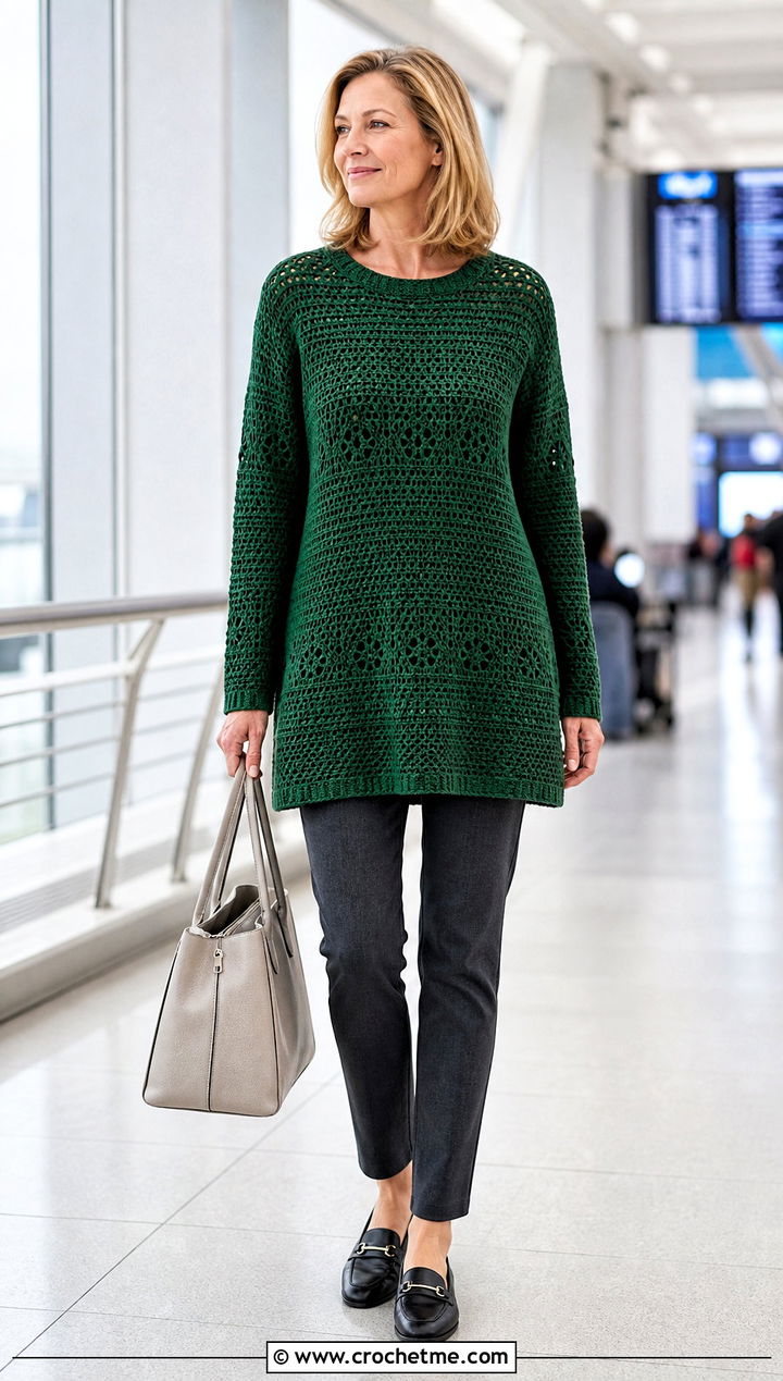 Tunic Crochet Sweater With Slim Pants - 35 simple crochet sweater outfit ideas