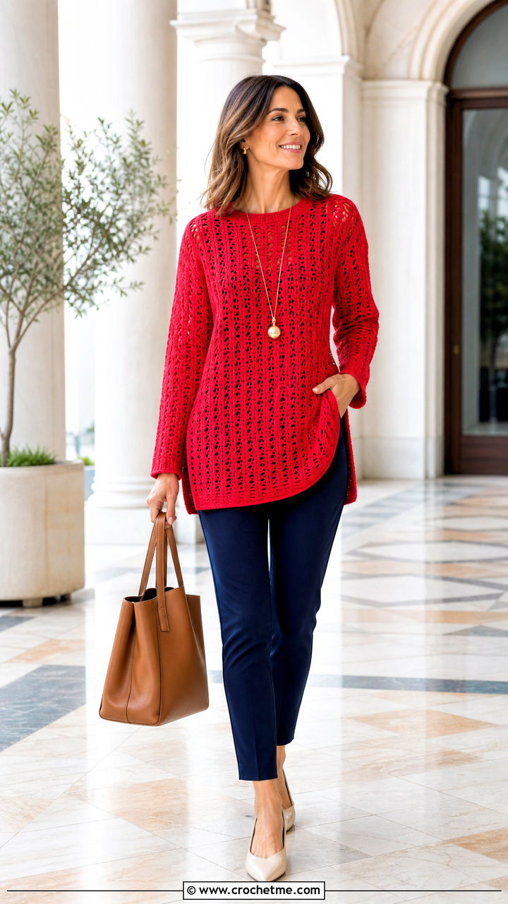 Tunic Crochet Sweater With Slim Pants - 35 easy crochet sweater outfit ideas