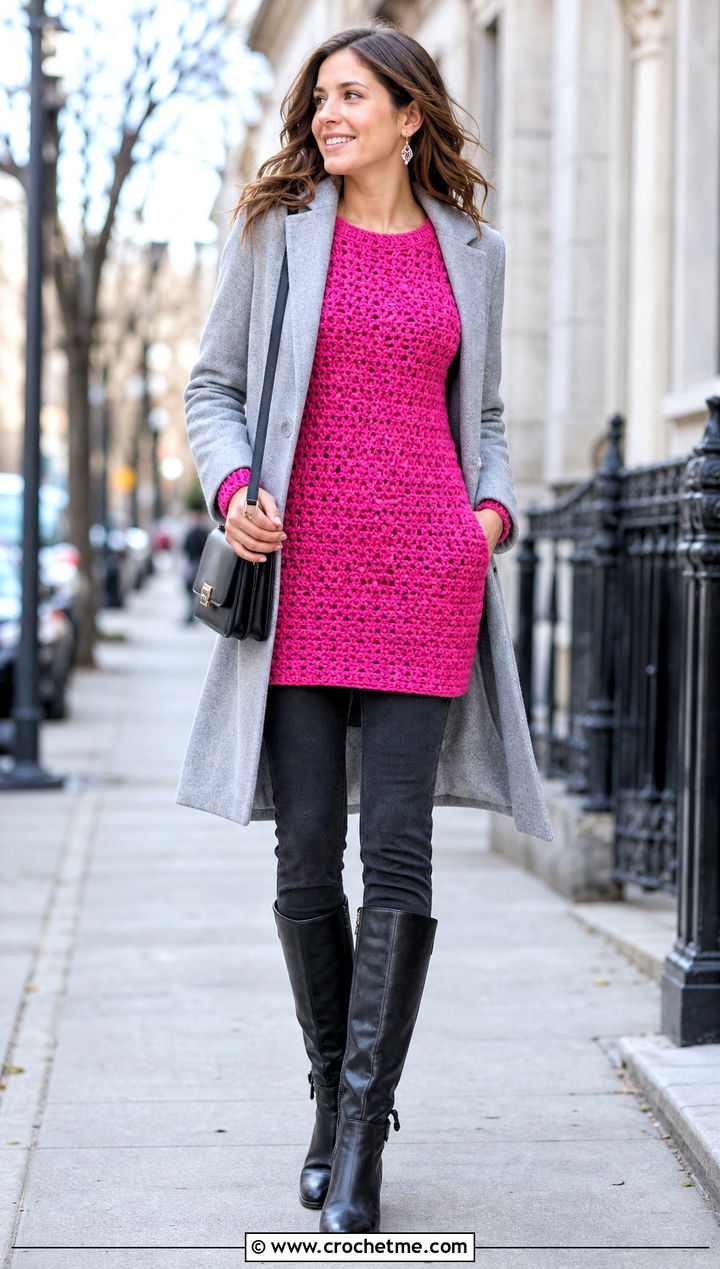 Tunic Crochet Sweater With Tall Boots - 35 crochet sweater women outfit ideas