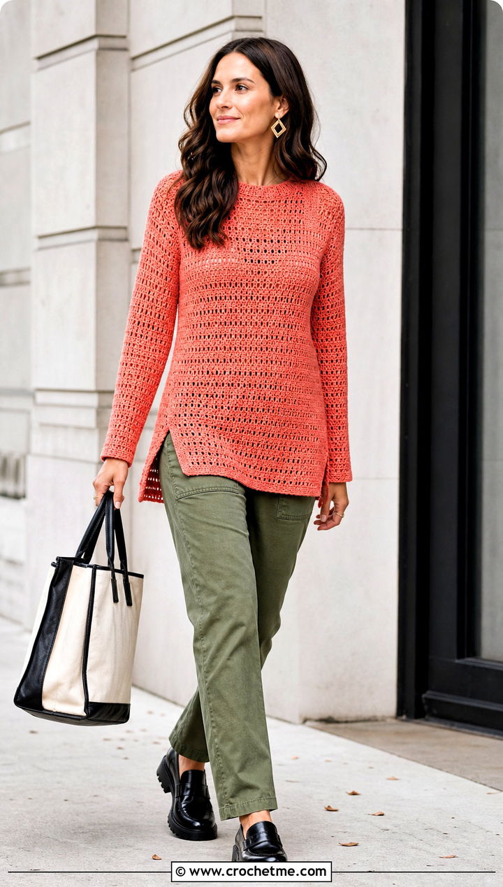 Tunic Crochet Sweater With Utility Pants - 15 Soft Crochet Sweater outfit ideas
